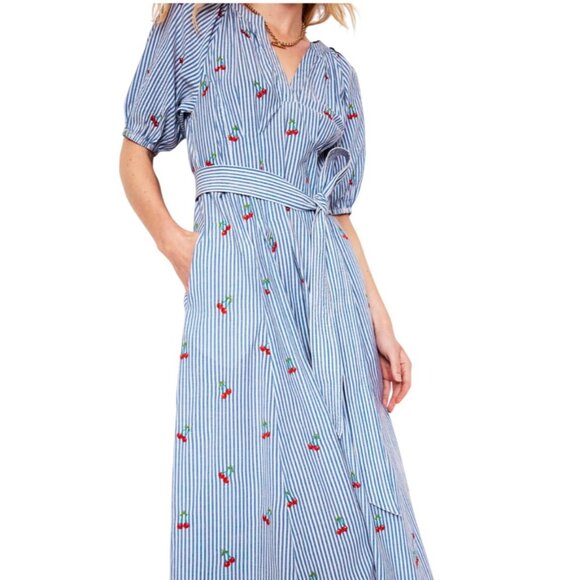 Boden NWT Bria Blue Striped Seersucker Cherry Embroidered A-Line Midi Dress - Picture 3 of 14
